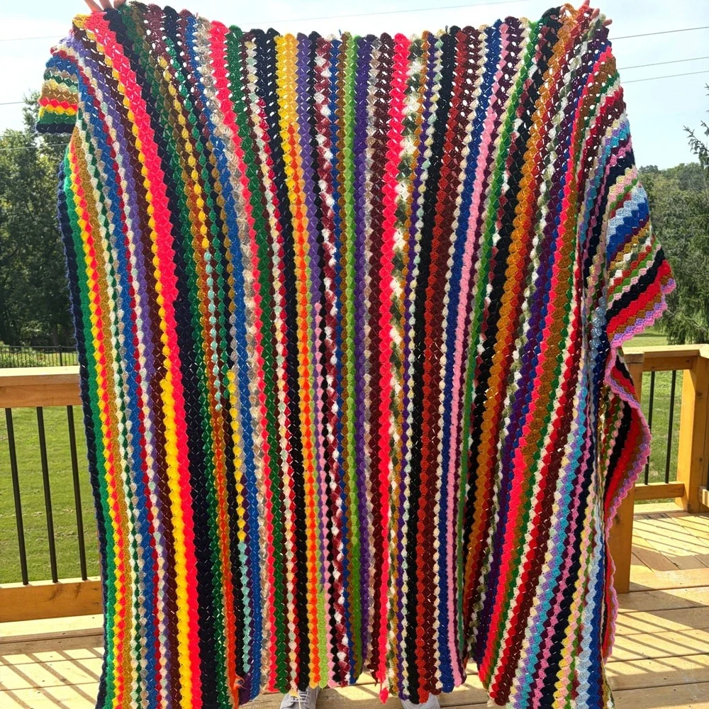 Vintage Handmade Multi Color Striped Crochet Afghan Granny Stitch Blanket 68x64